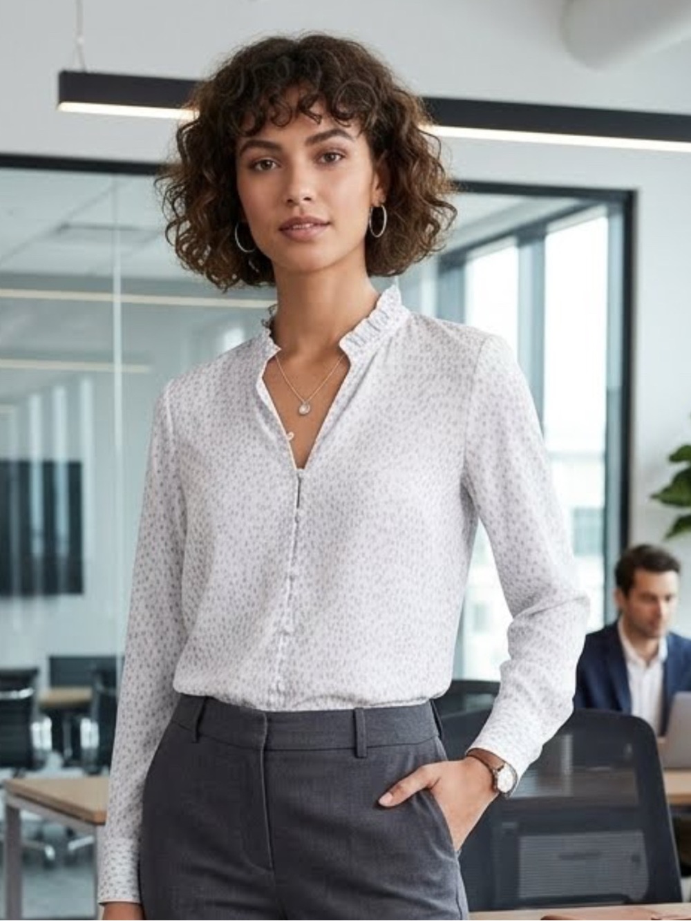 Express Grey Button Up Ruffle Neck Blouse • Modern Capsule Office Wardrobe M
